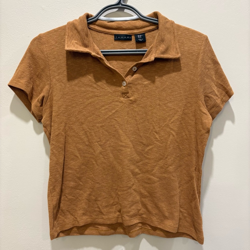 Tahari Short Sleeve Polo Top - Caramel Brown